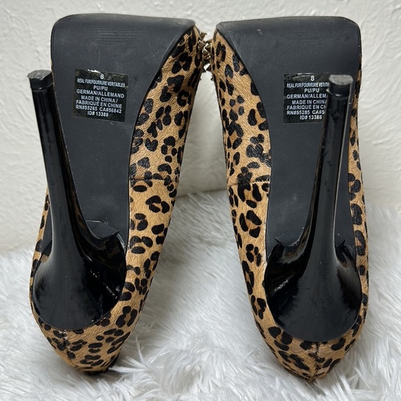 Express Real Hair Fur Leopard Print Spiked Platform Heel Pump - Picture 8 of 10